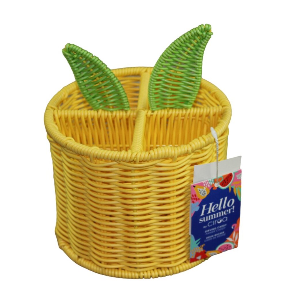 Ciroa Hello Summer Yellow Lemon Resin Wicker Utensil Serving Caddy NWT